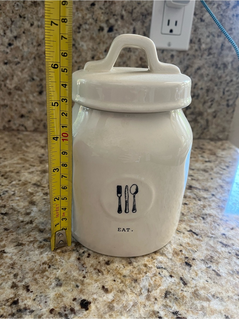 Rae Dunn Ceramic Canister Jar with Eat Fork Knife Spoon Farmhouse